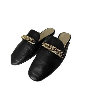 Gianni Bini Womens Mule Flat Shoes Black Leather Slip On Chain Embellished 9